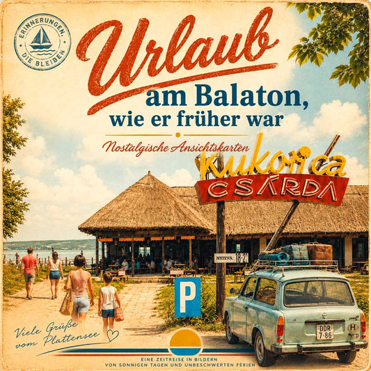 Nostalgisches Produktbild Urlaub am Balaton wie früher mit Kukorica Csárda, altem Auto und historischen Ansichtskartenmotiven