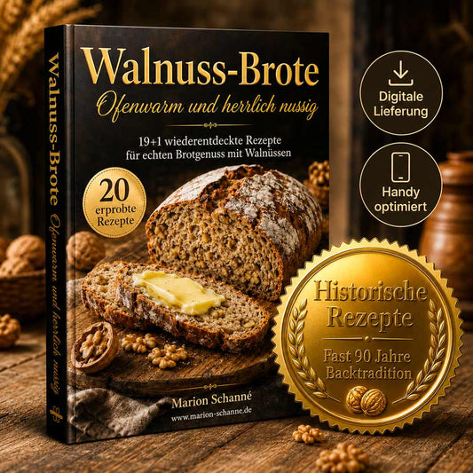 Quadratisches Produktbild des Rezeptbuchs Walnuss-Brote mit goldenem Siegel fuer historische Backtradition, digitaler Lieferung und Handy Optimierung