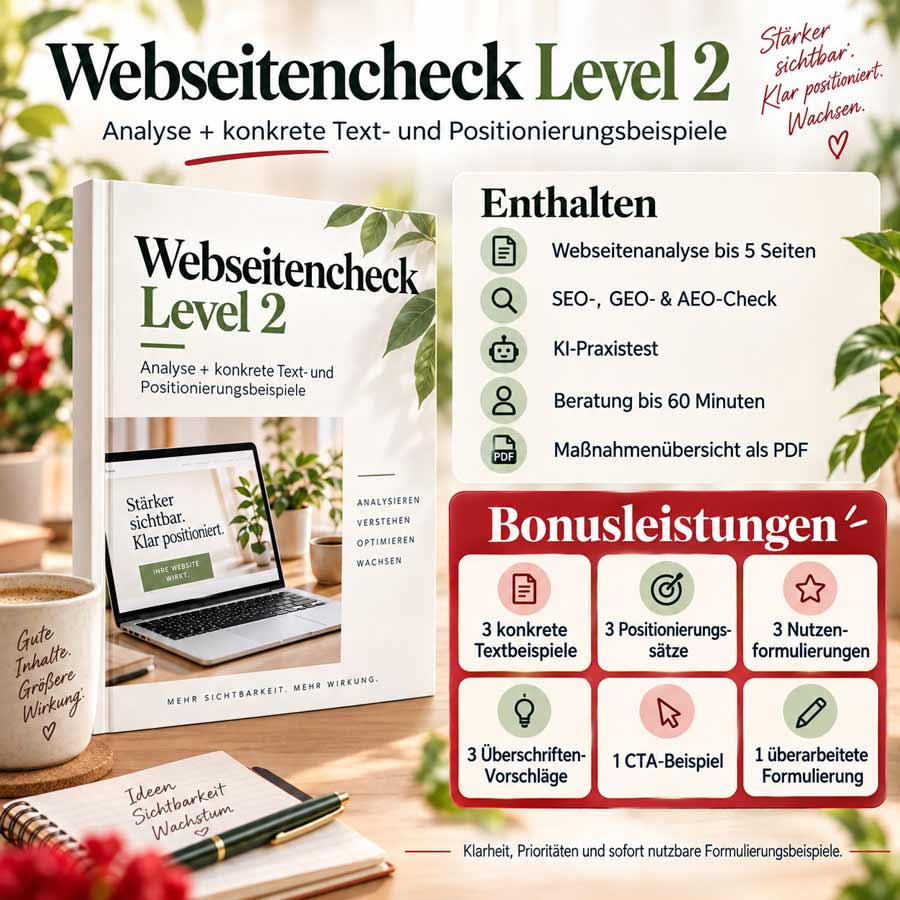 Webseitencheck für SEO, GEO und AEO Level 2 mit Bonusleistungen für Texte, Positionierung und Überschriften