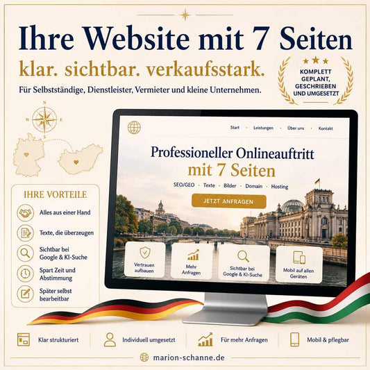 Professionelle Website mit 7 Seiten erstellen lassen – inklusive SEO/GEO, Texten, Bildern, Domain und 1 Jahr Hosting. Komplettpaket
