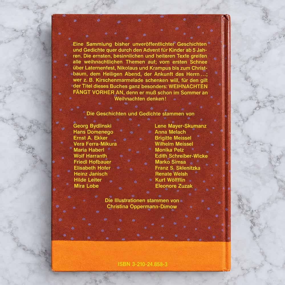 Weihnachten fängt vorher an – Rückseite mit Buchbeschreibung, Autorennamen und ISBN