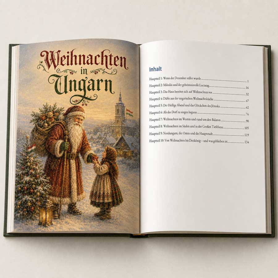 Weihnachten in Ungarn – aufgeschlagenes Buch mit weihnachtlichem Titelbild und Inhaltsverzeichnis