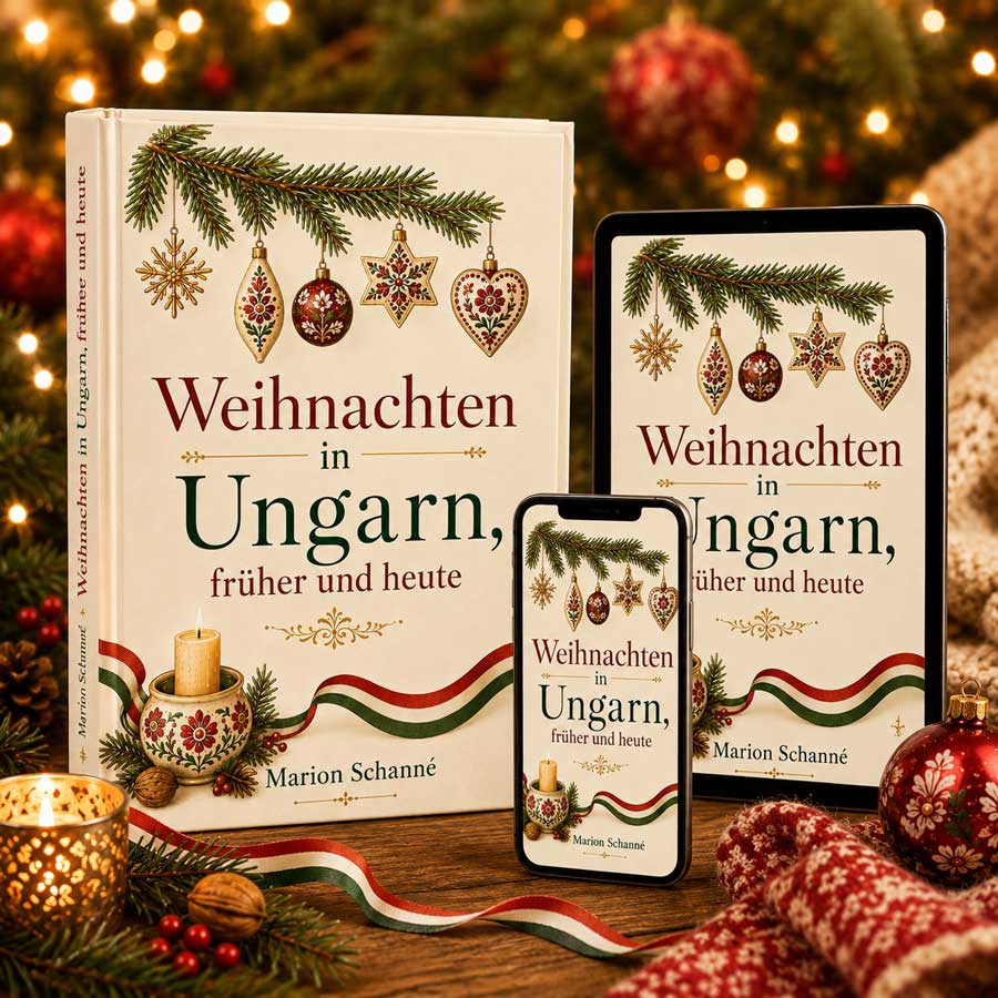 Produktbild zu Weihnachten in Ungarn früher und heute mit Hardcover-Buch, Tablet und Handy in stimmungsvoller weihnachtlicher Szene mit Kerzenlicht, Tannenzweigen und ungarischen Farben.