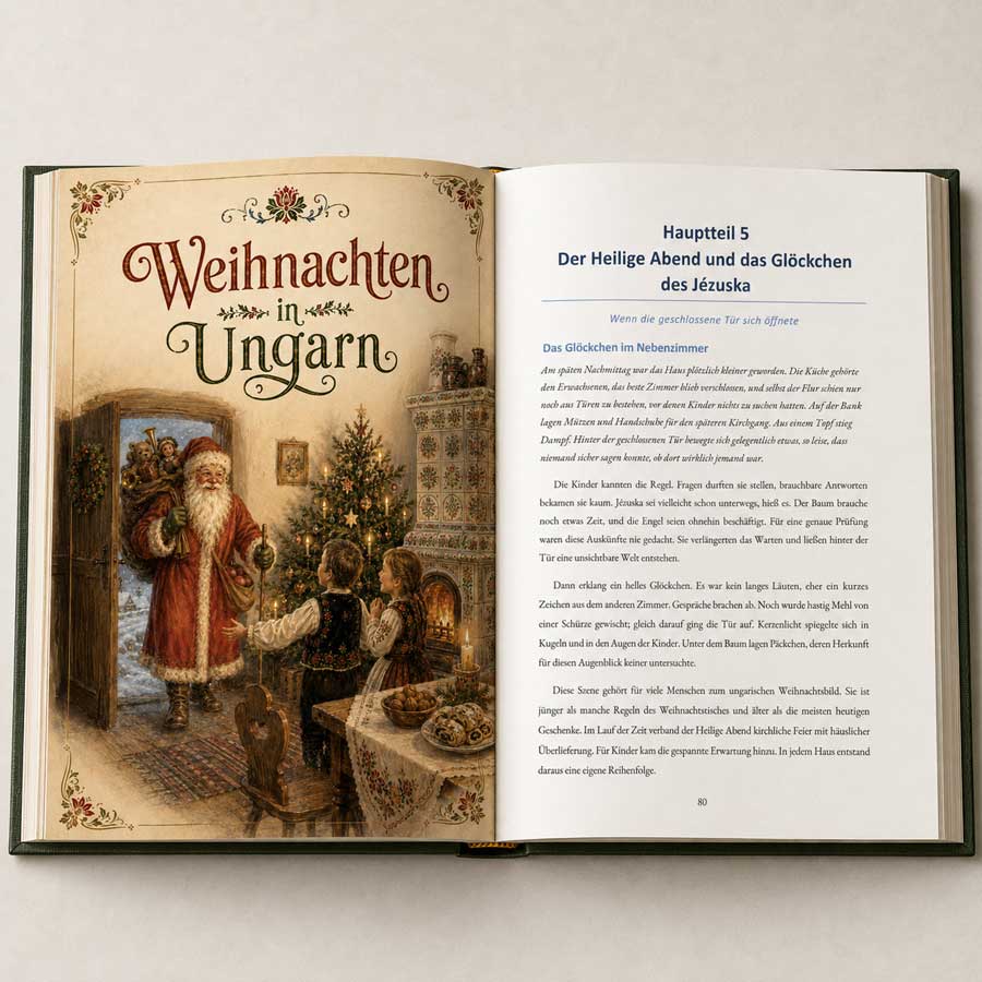 Weihnachten in Ungarn – aufgeschlagenes Buch mit weihnachtlichem Titelbild und Inhaltsverzeichnis