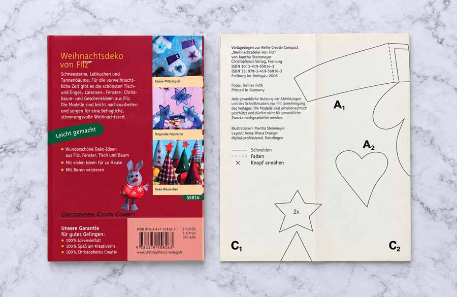 Weihnachtliche Deko-Ideen mit Filz – Rückseite mit originalem Vorlagenbogen für Weihnachtsdeko, Sterne, Herzen und Filzfiguren