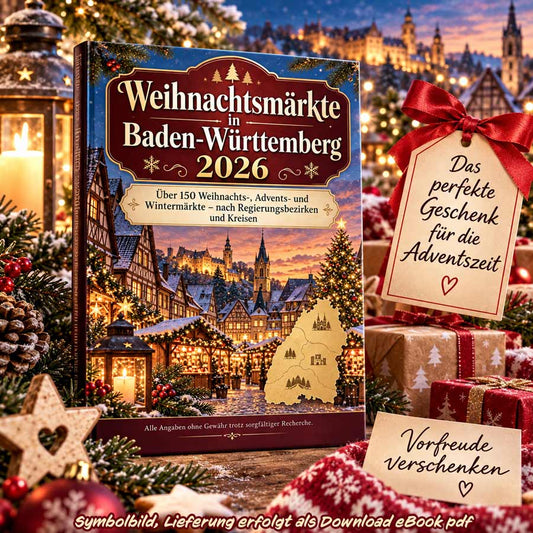 Weihnachtsmärkte in Baden-Württemberg 2026 ebook als Geschenkidee zur Adventszeit, umgeben von Weihnachtsdekoration, Geschenken und Lichtern.