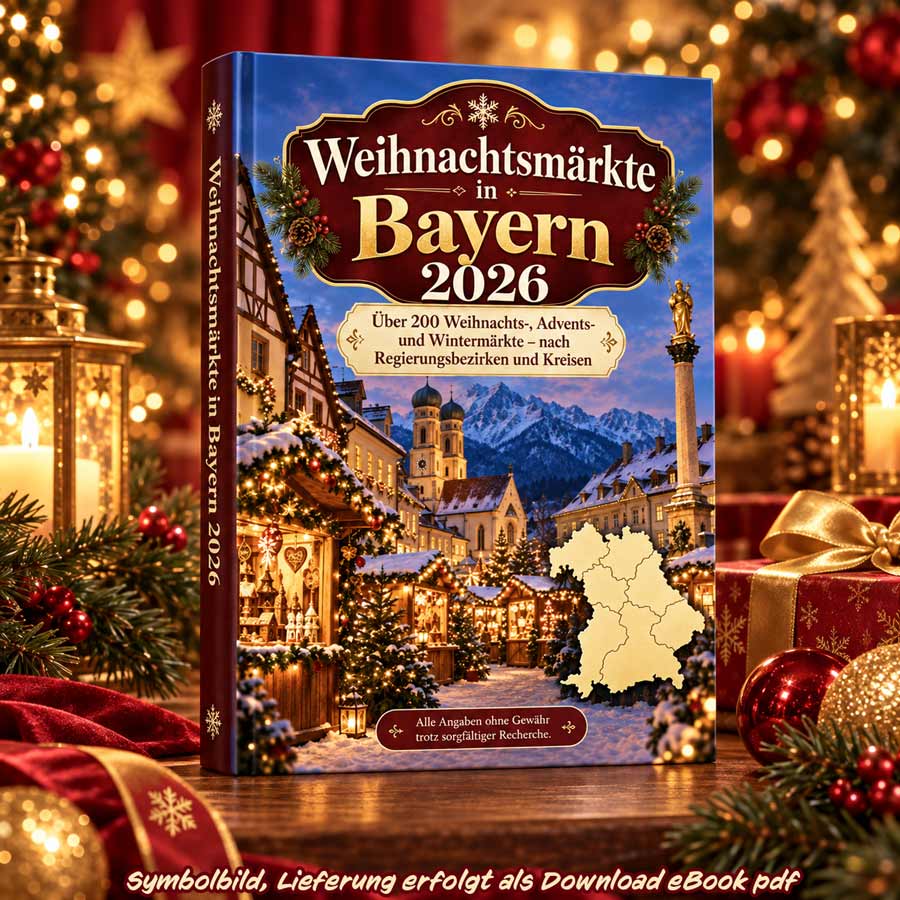 Weihnachtsmärkte in Bayern 2026 – Ebook mit über 200 Weihnachts-, Advents- und Wintermärkten, festlich präsentiert mit Weihnachtsdekoration und Lichtern.