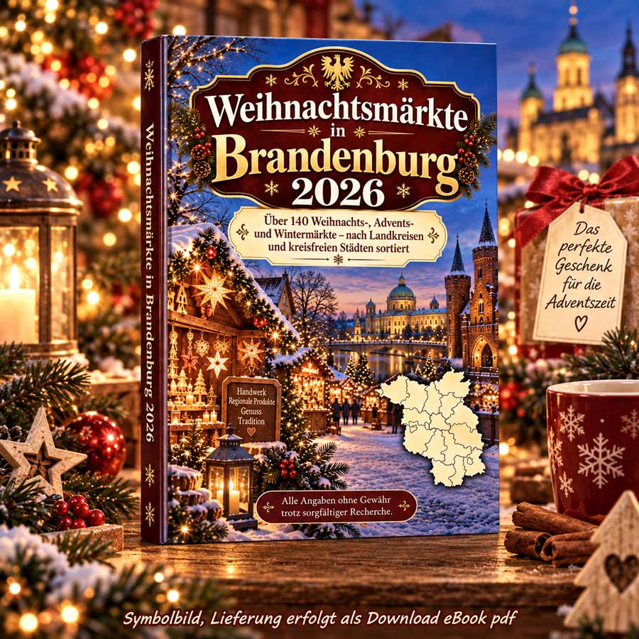 Weihnachtsmärkte in Brandenburg 2026 – E-Book mit über 140 Weihnachts-, Advents- und Wintermärkten, nach Landkreisen und kreisfreien Städten sortiert.