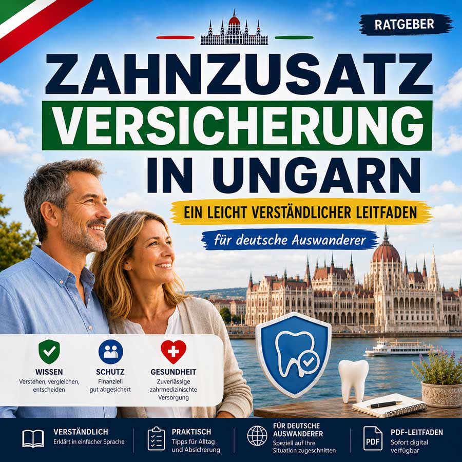 Ratgeber Zahnzusatzversicherung in Ungarn mit großem Schriftzug, Budapest-Parlament im Hintergrund, einem lächelnden Paar auf der linken Seite sowie Symbolen für Zahnschutz, Gesundheit und PDF-Leitfaden für deutsche Auswanderer.